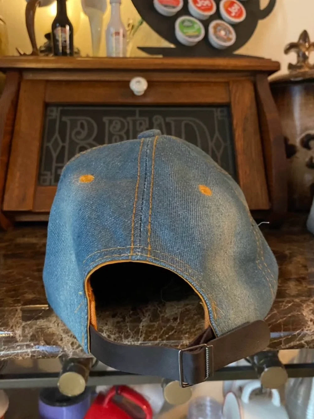 Adult Rhinestone Flag Denim Cap - Blue. $20 each.